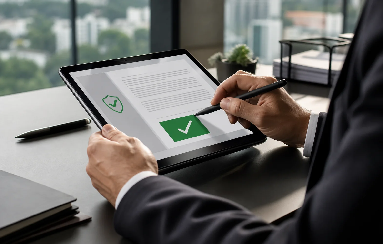 Profissional validando uma transação digital segura